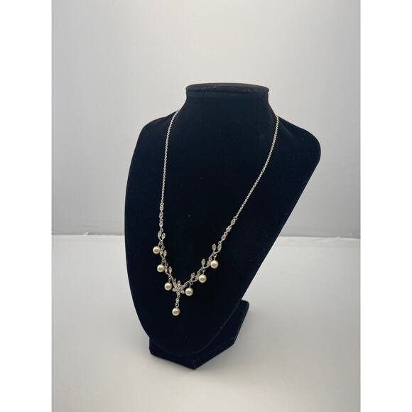 Vintage  Crown PD Delicate Faux Pearl Silver tone Chain Y Drop Necklace B18 - Picture 7 of 11